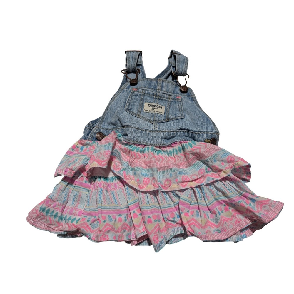 OshKosh Bgosh 12M Denim Overall Dress Tiered Ruffle‎ Geometric Floral Print Blue